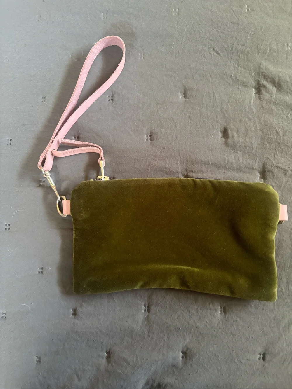 NWOT Olive Green Velvet Wristlet with Pink Leather Strap